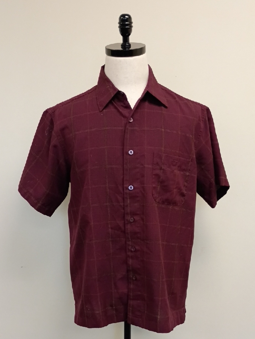 Haggar Burgundy Windowpane Short Sleeve Button Up Shirt Size Medium